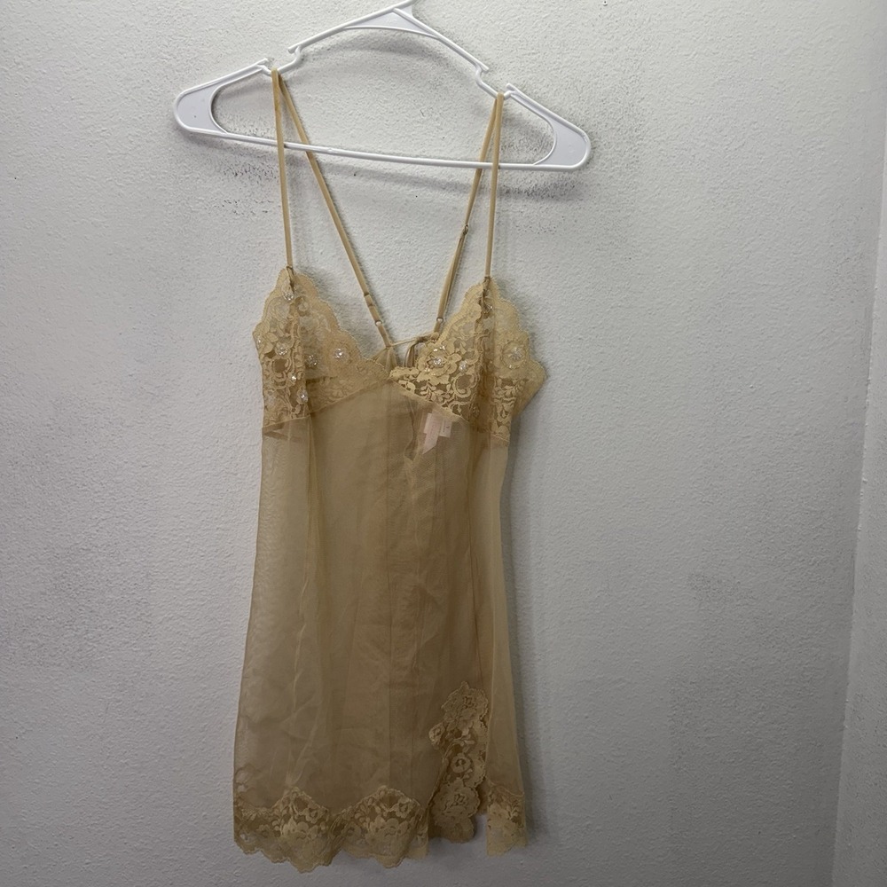 Vtg Y2K Victoria's Secret Babydoll Coquette Slip Dress Sheer Tan Lace Sequin L